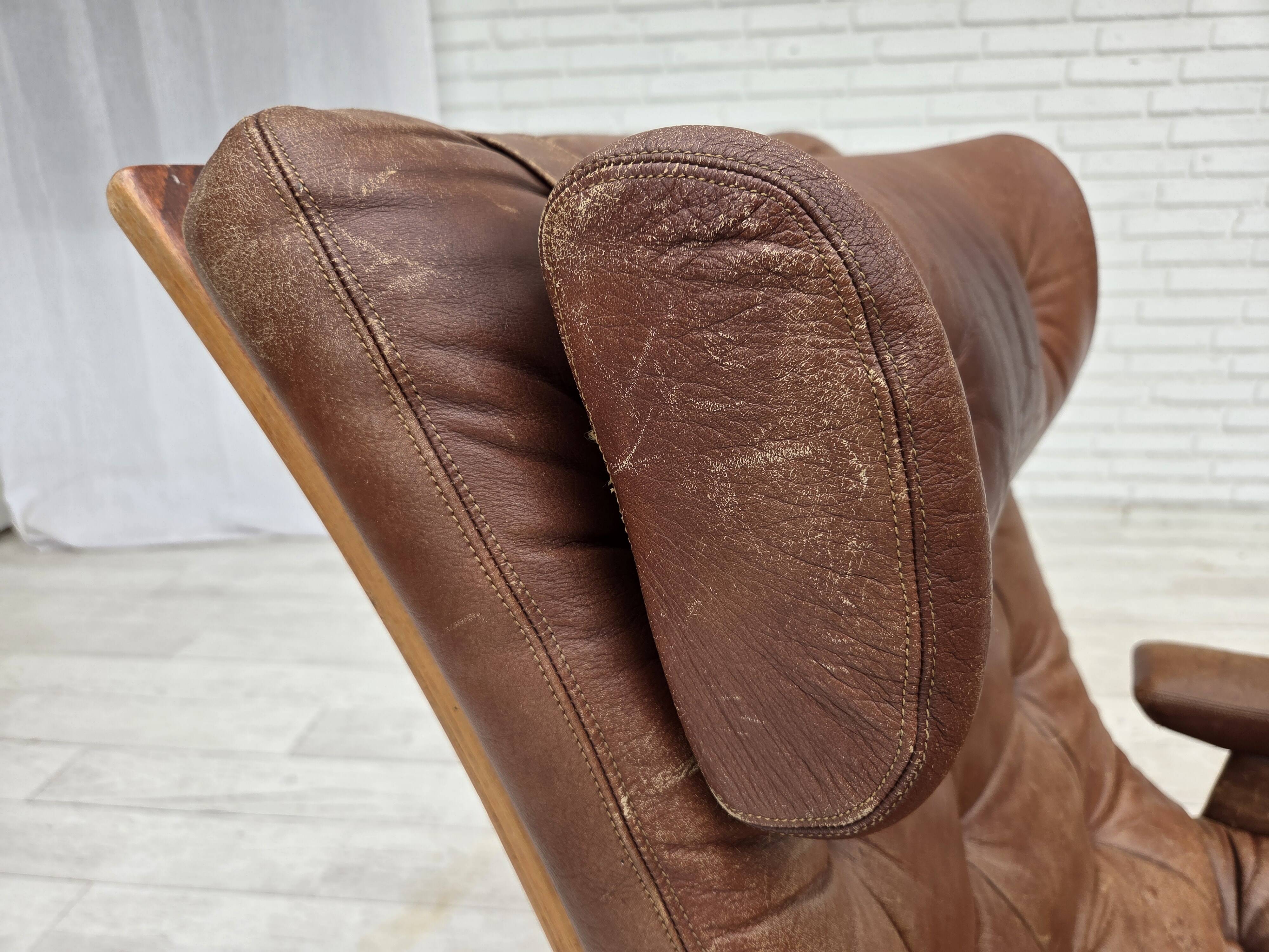 1960s, Scandinavian swivel armchair, brown furniture leather.