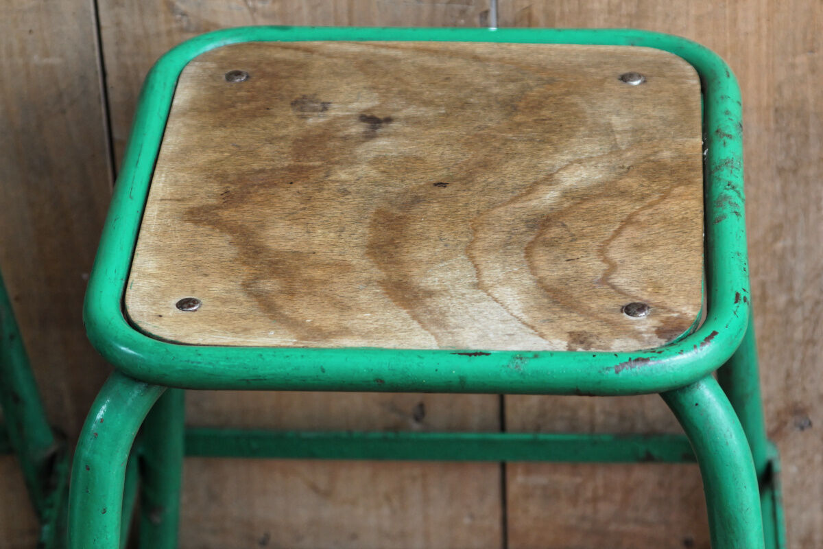 Pair of industrial stools, wood and metal