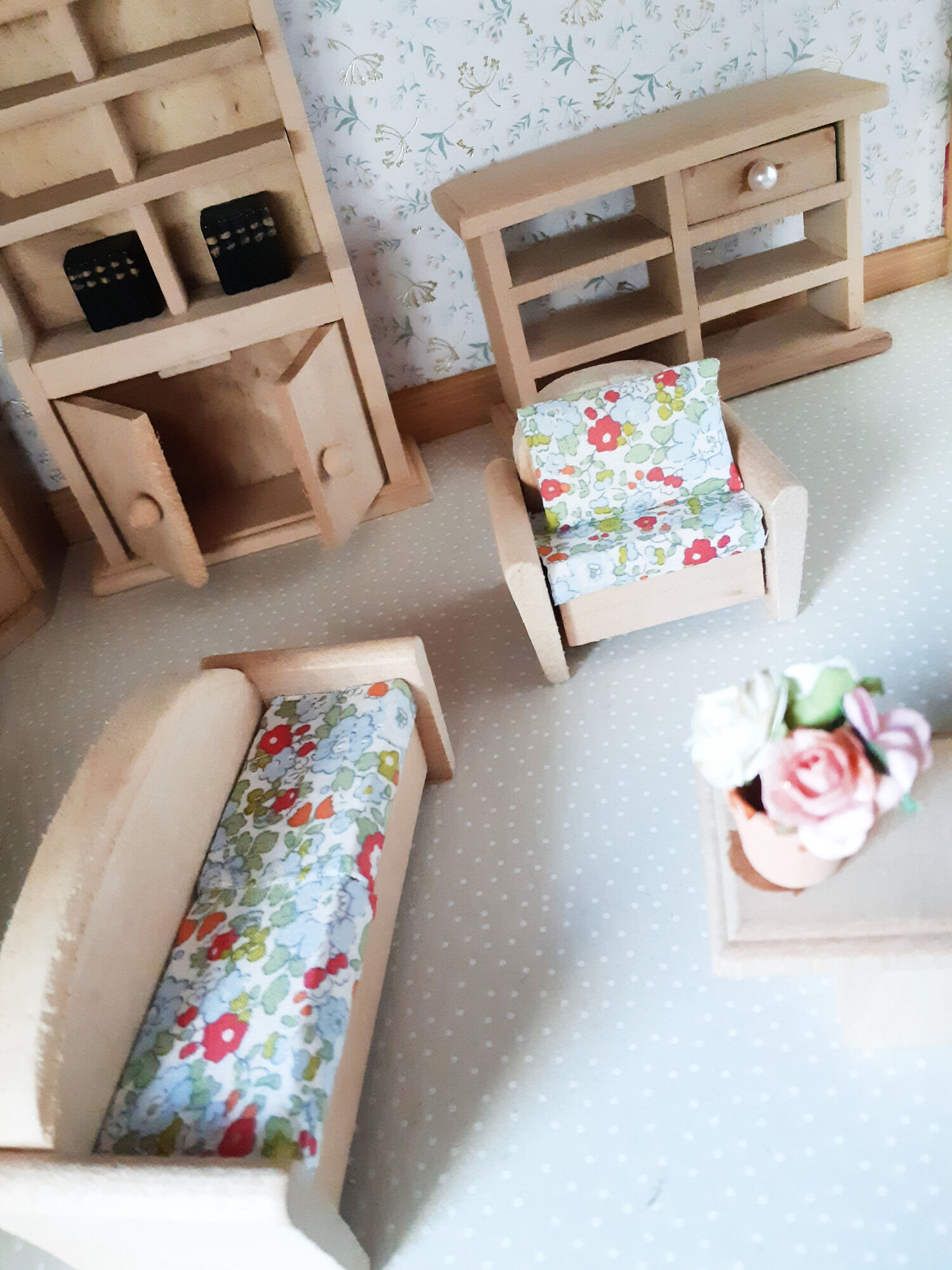 Wooden dollhouse, revamped, furnished, vintage French