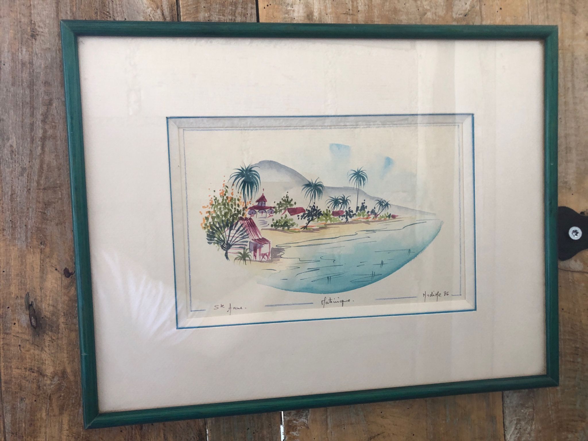 Watercolor painting nadine martinique st anne + wood frame #a224