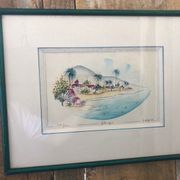 Watercolor painting nadine martinique st anne + wood frame #a224