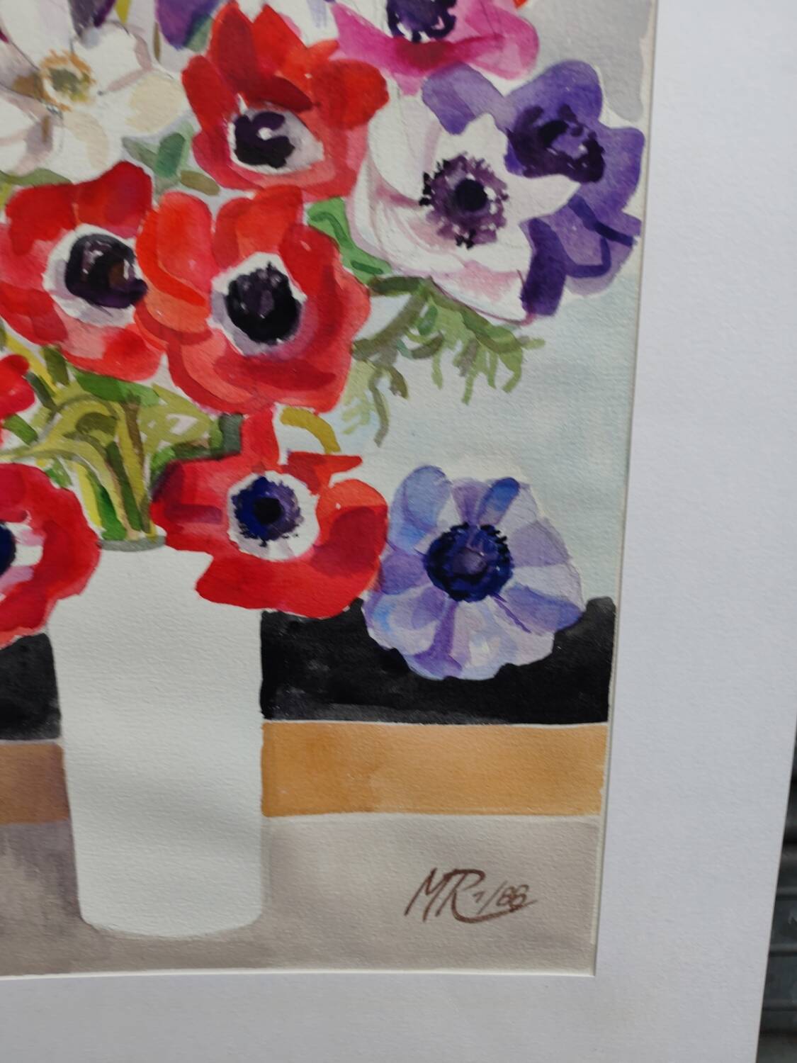 Watercolor by Michel Roubille, bouquet of flowers 1988.