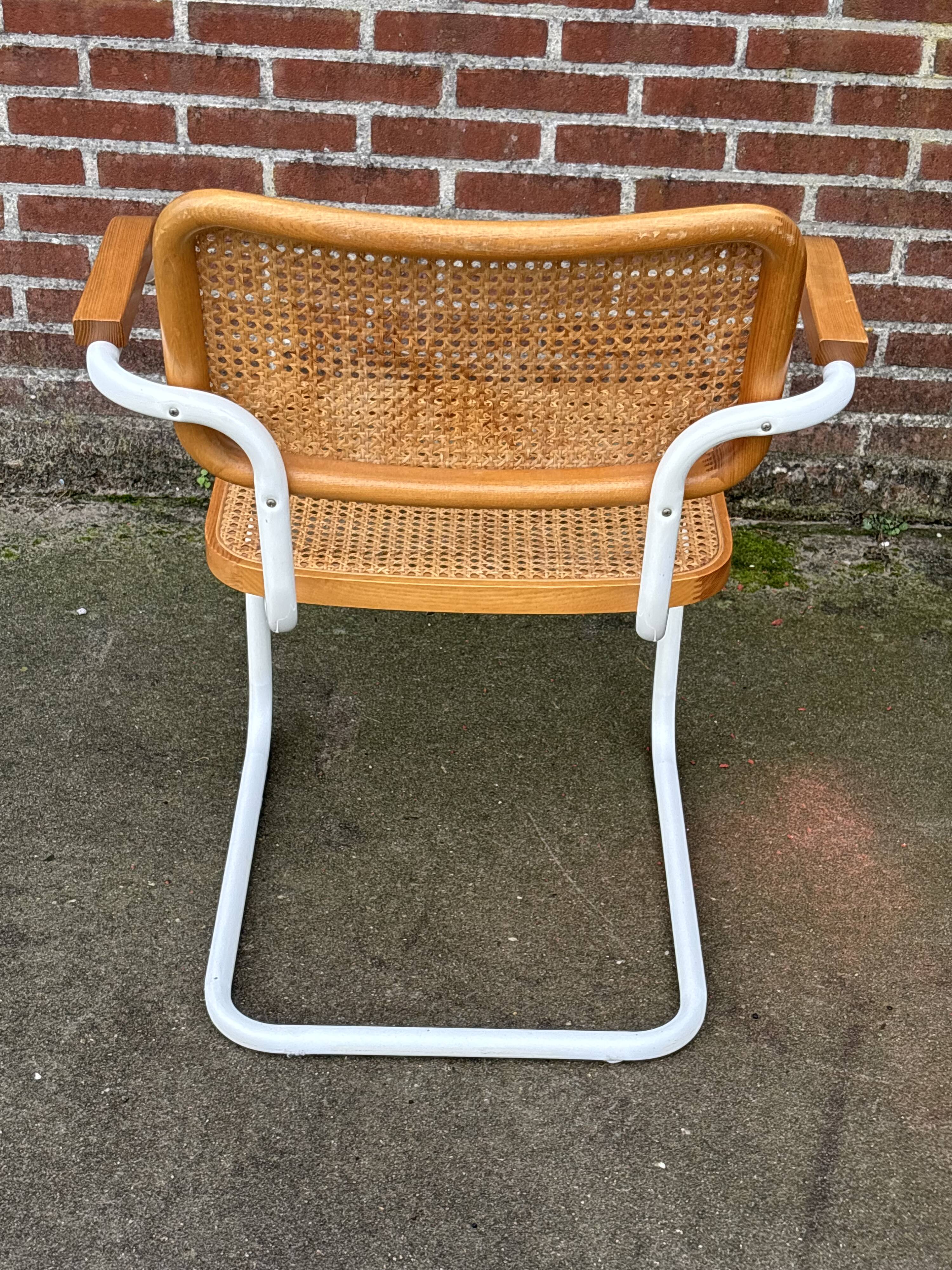 Chair Cesca model with armrests B64 in white metal and wood