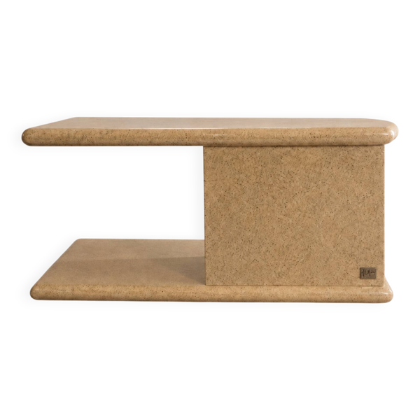 Table d’appoint signé Jean-Claude Mahey bois et résine mouchetée beige