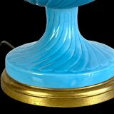 1.05 m pineapple lamp in turquoise ceramic on a gilded wooden base from the 1950s