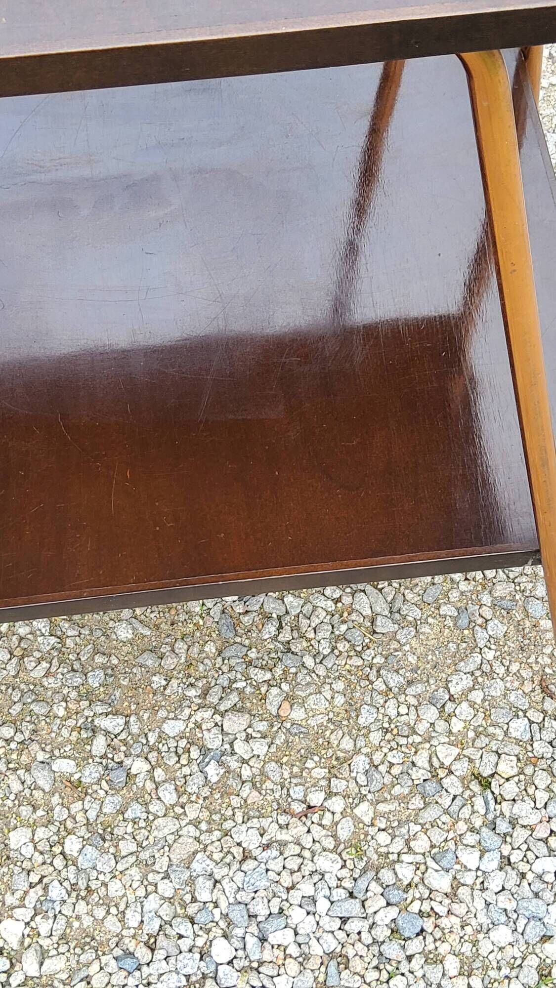 Vintage double wooden side table with copper base from the 50s
