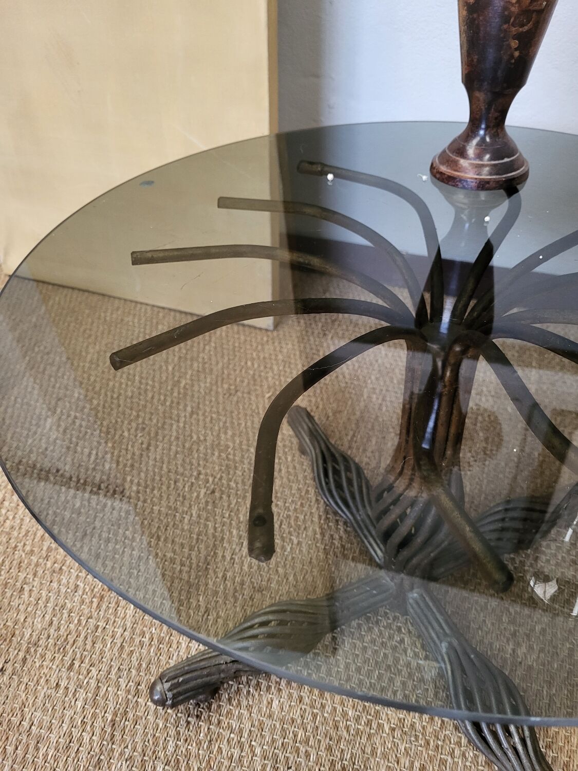 1970s modernist coffee table in smoked glass and metal.