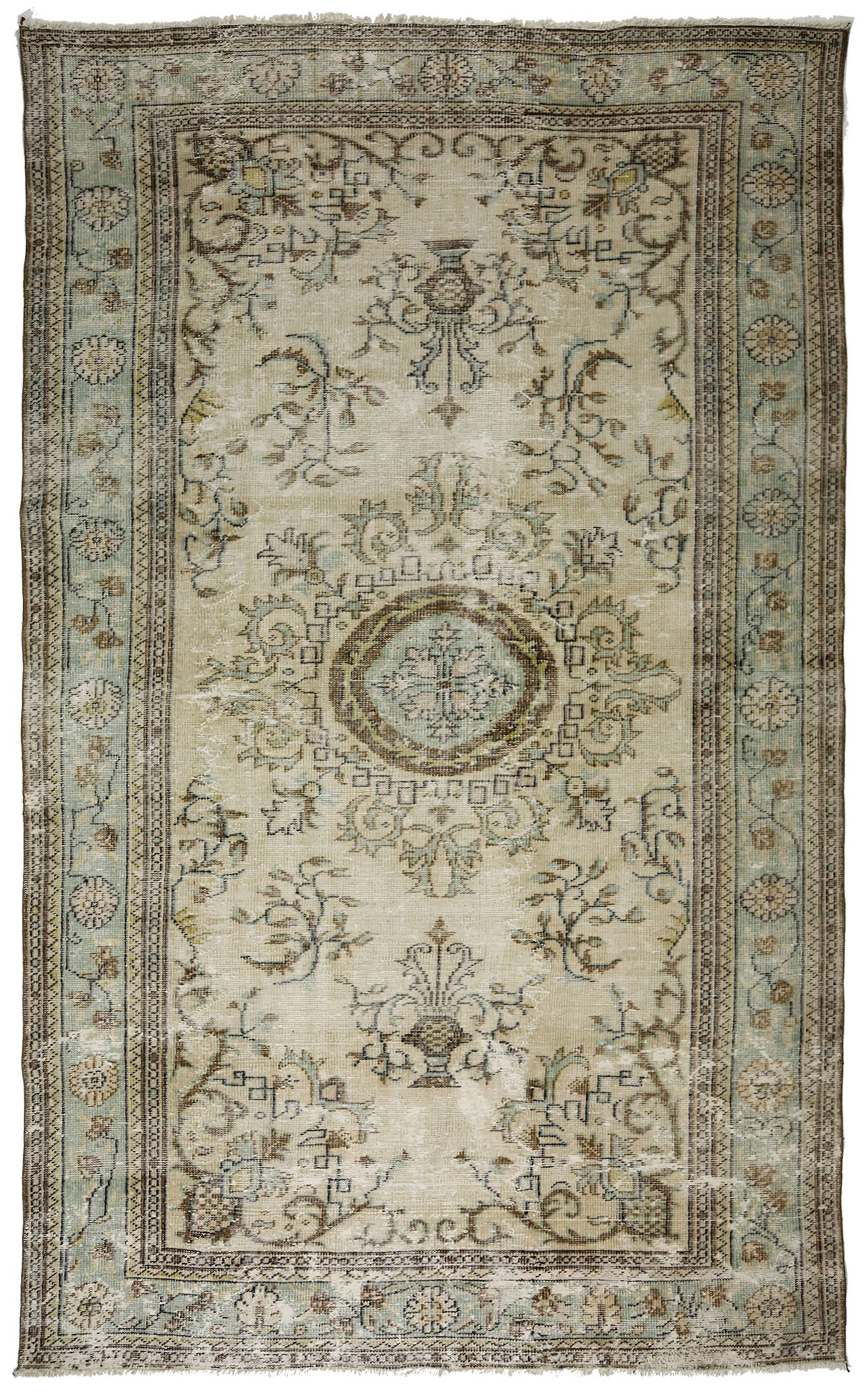 Vintage Turkish Carpet Medallion Beige Green 314 x 188 cm