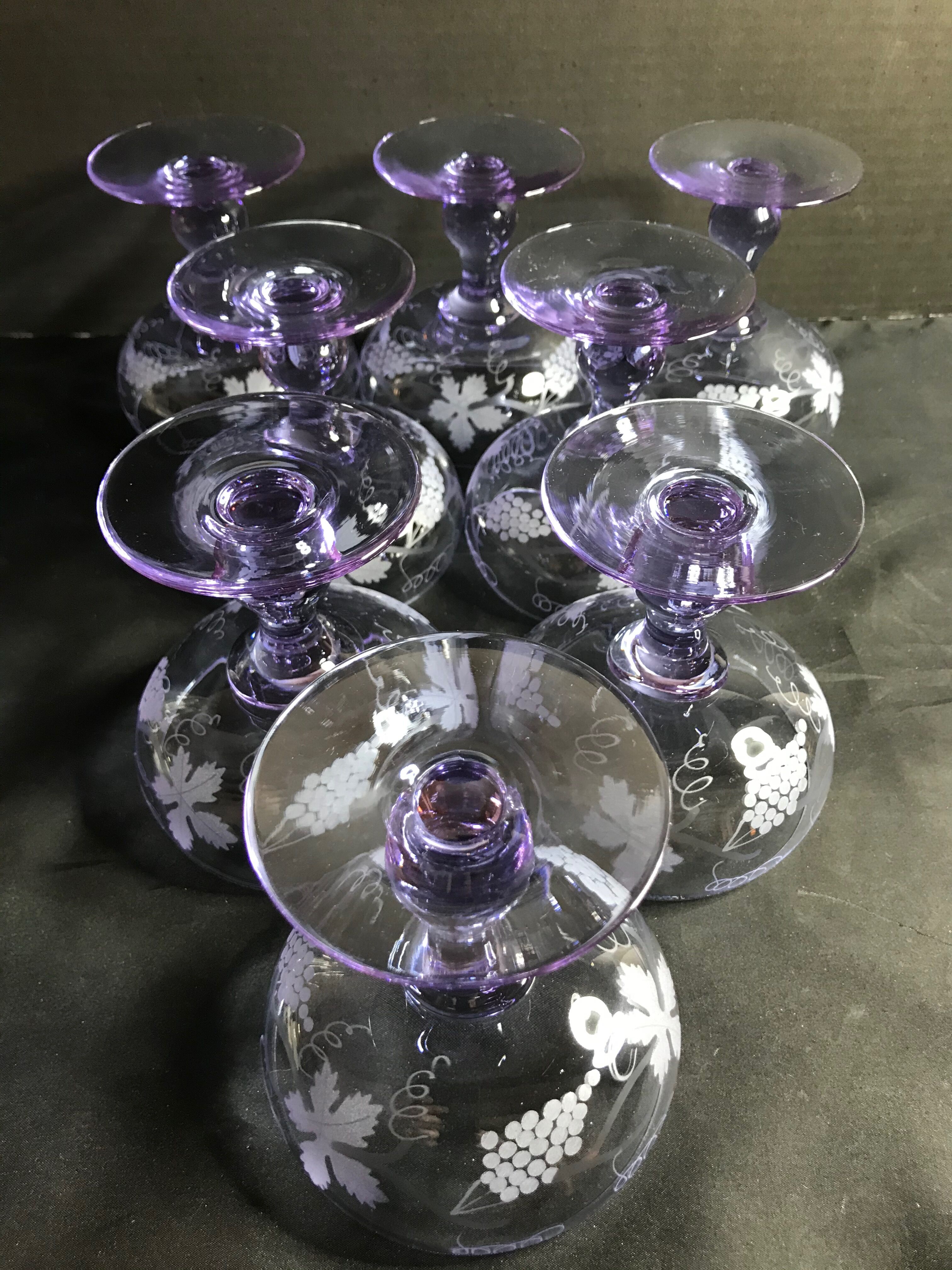 8 colorful crystal champagne cups engraved mid 20th