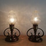 Pair of Ar Nouveau style copper and crystal table lamps vintage 1950s 50s