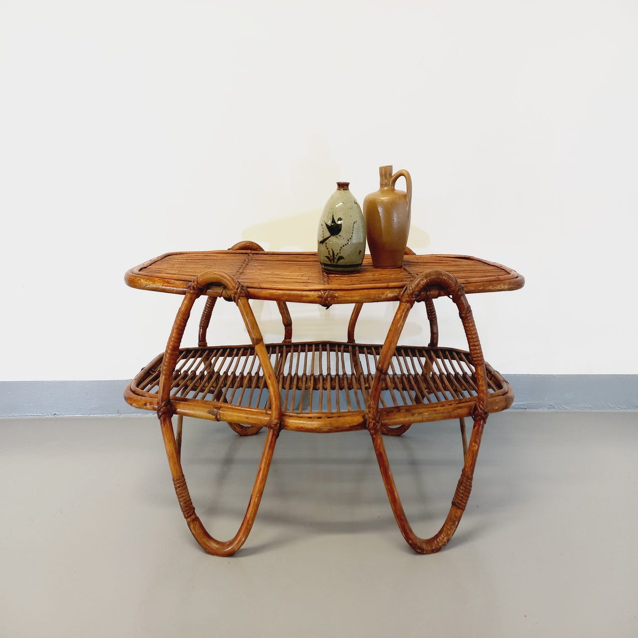 Coffee table with magazine tray in vintage rattan from the 60s