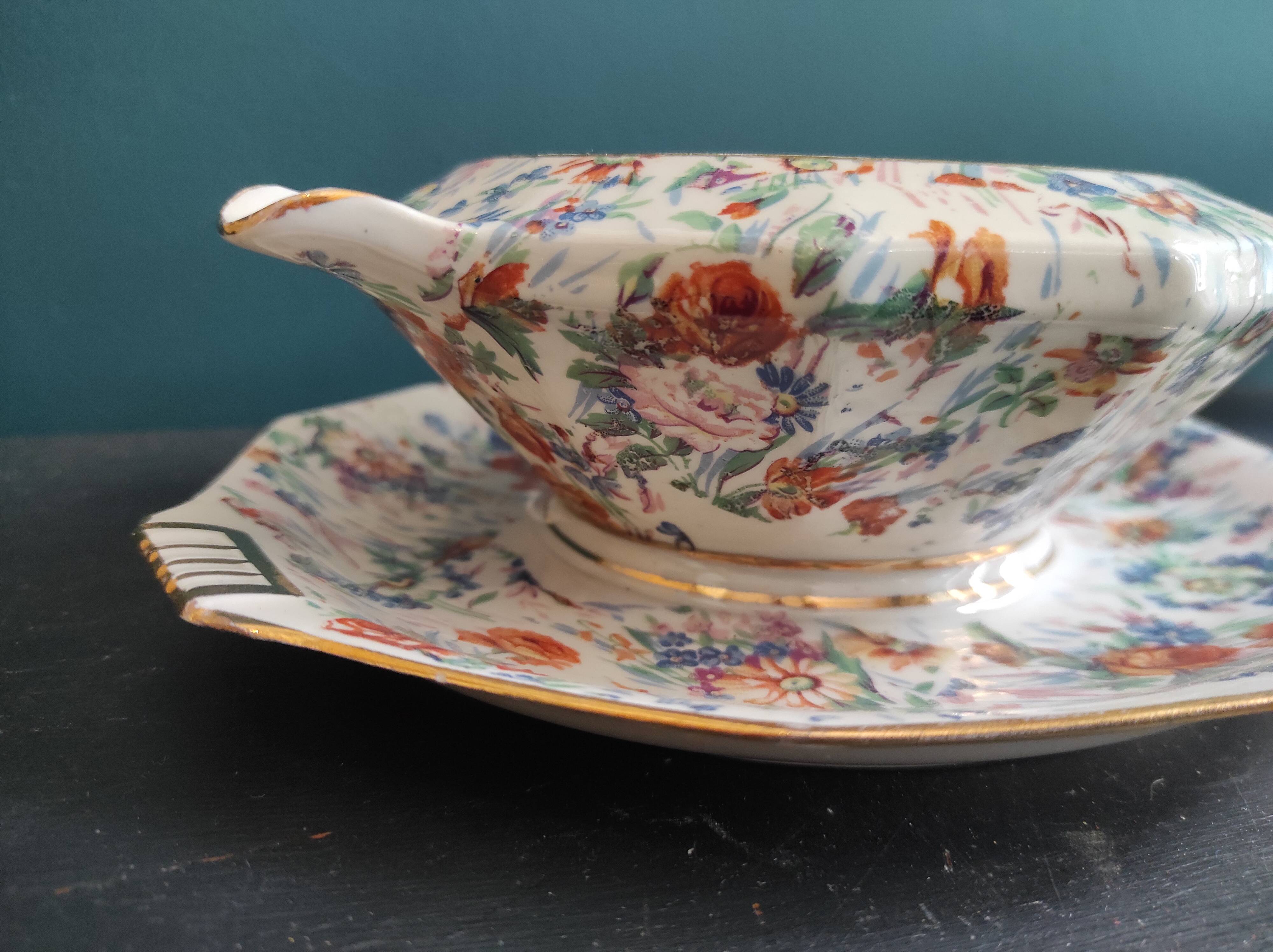 Vintage French serving sauce boat from La Tallec, Limoges, with colourful floral decoration