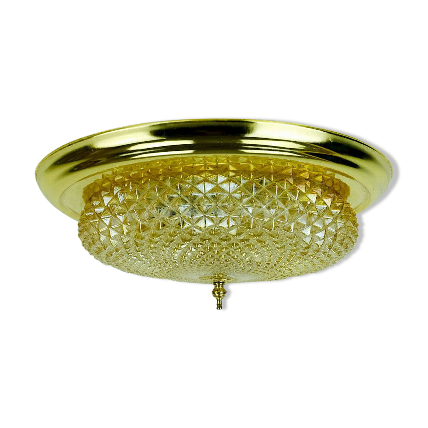 mid century ceiling LAMP flush mount textured amber glass and brass 1970s