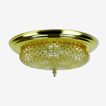 mid century ceiling LAMP flush mount textured amber glass and brass 1970s