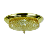 mid century ceiling LAMP flush mount textured amber glass and brass 1970s
