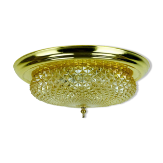 mid century ceiling LAMP flush mount textured amber glass and brass 1970s