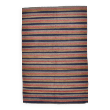 Tapis Kilim vintage bleu et rouge délavé 5x7, décoration d'intérieur antique 147x217 cm