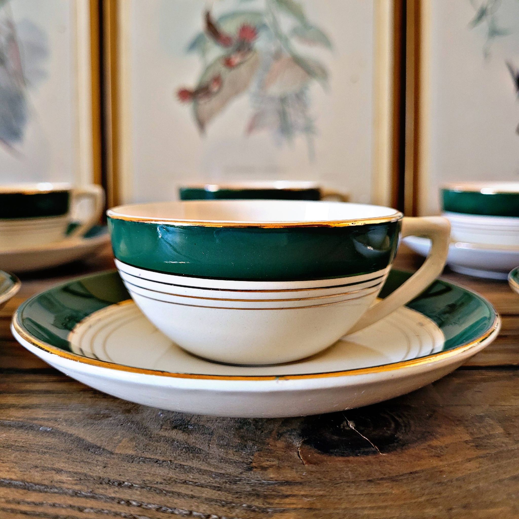6 Digoin Sarreguemines green cups with gold trim (with saucers)