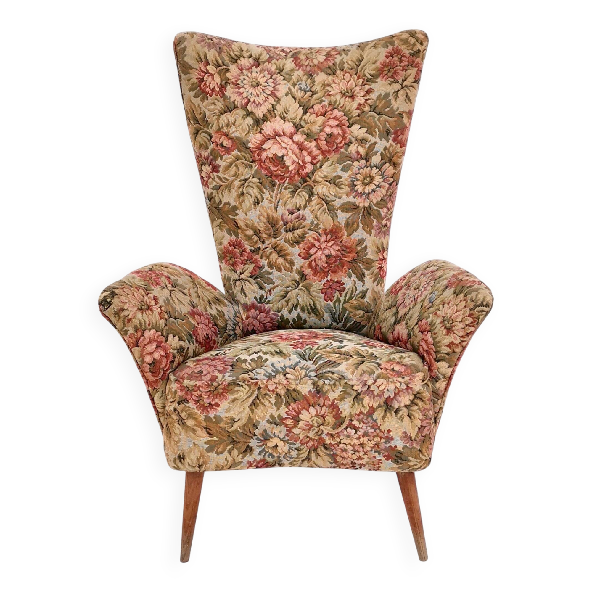 Vintage Floral Fabric Children Armchair with Wooden Legs, Italy