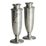 Pair of single-flower vases in patinated silver metal
