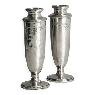 Pair of single-flower vases in patinated silver metal