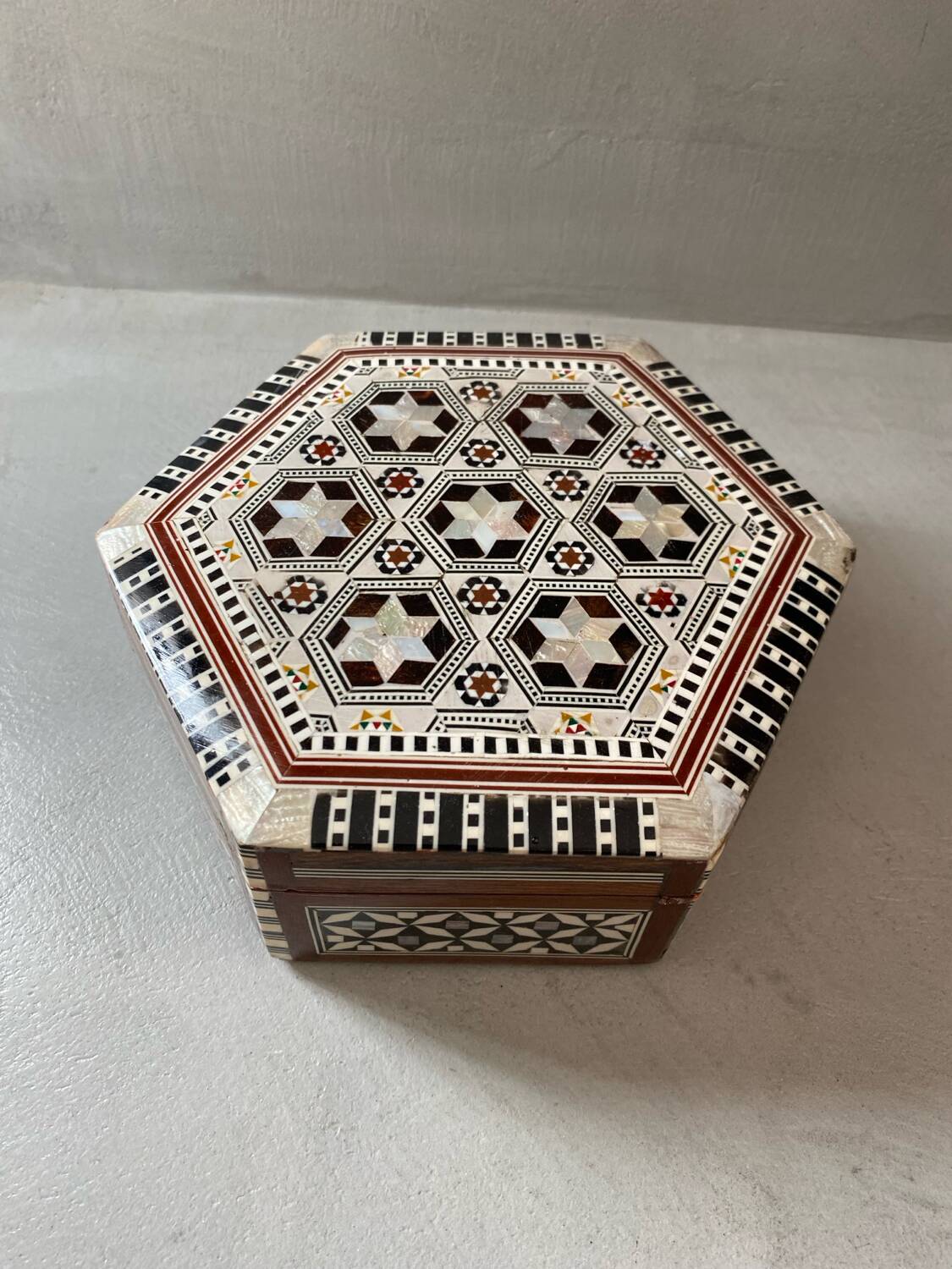 Vintage mother-of-pearl and wood jewelry box