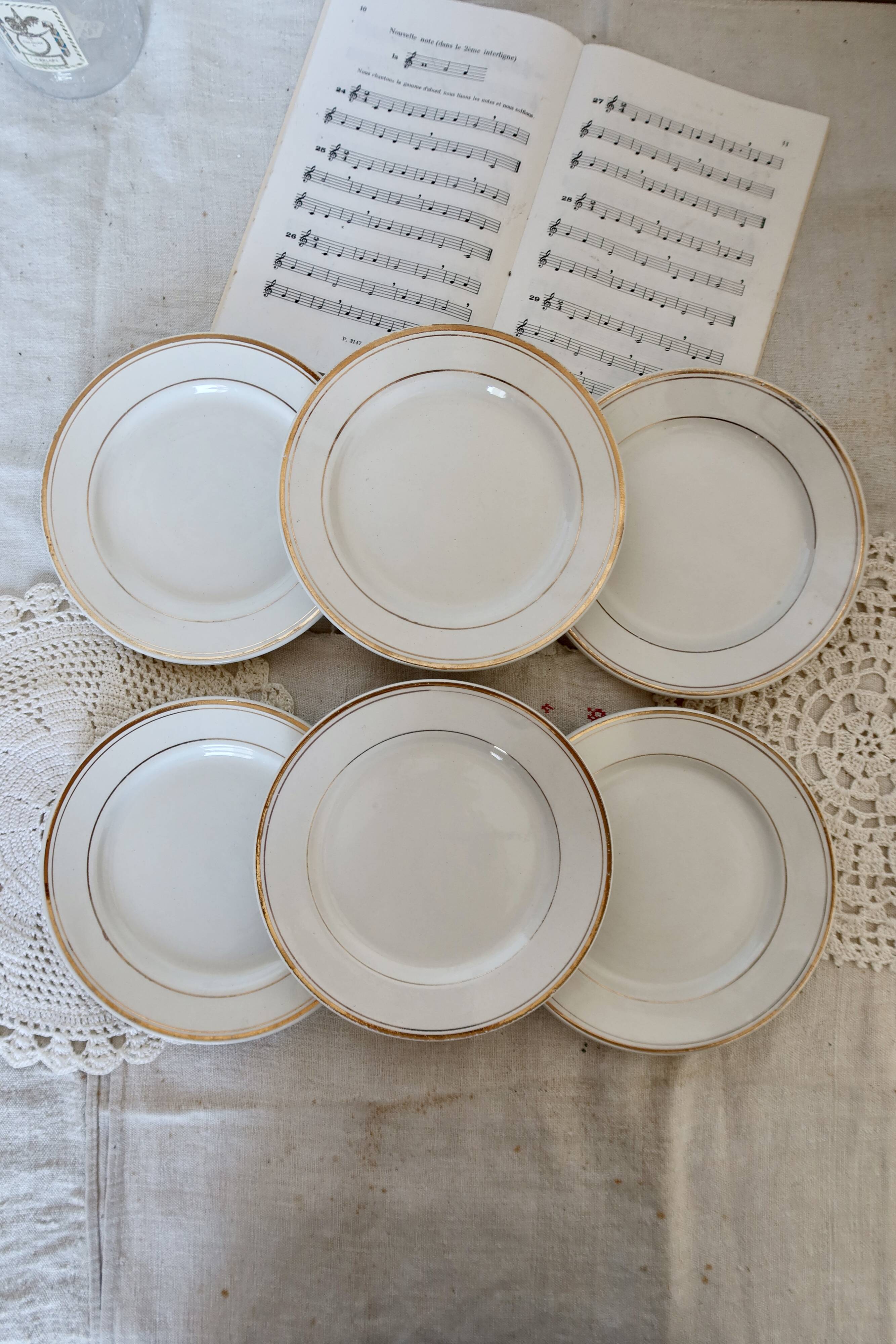 6 half porcelain Lunéville earthenware dessert plates with gold edging