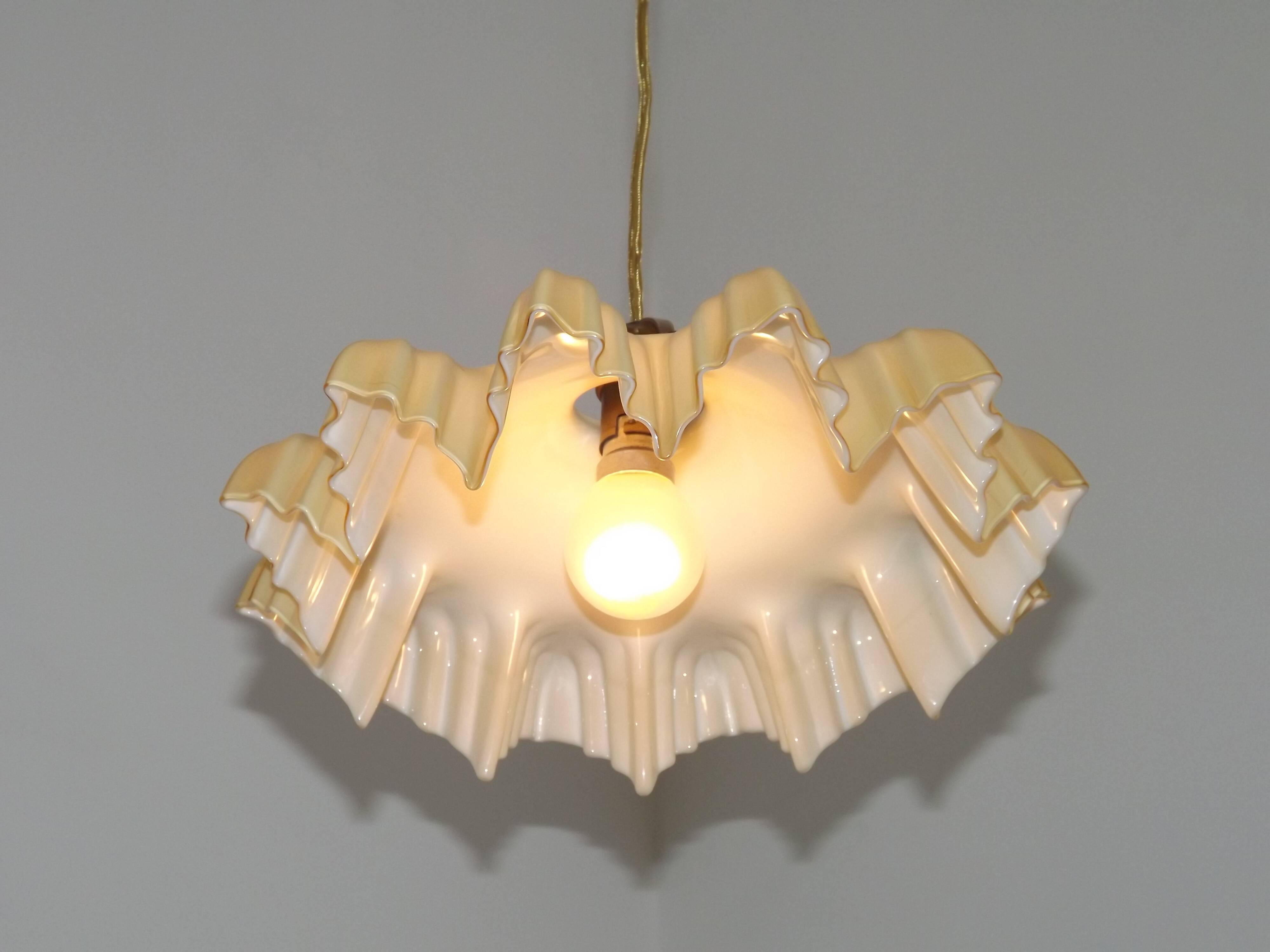 Vintage French Art Deco Yellow & White Glass Pendant Light Frilled 5495
