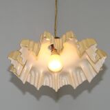 Vintage French Art Deco Yellow & White Glass Pendant Light Frilled 5495