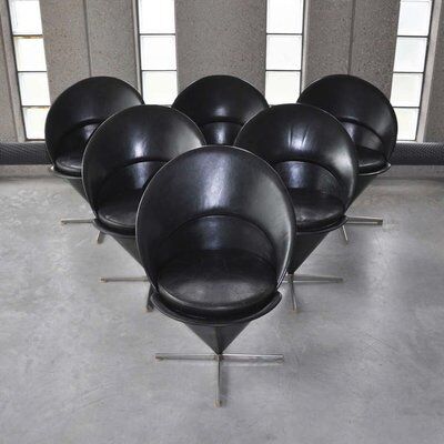 Set of 6 vintage black leather cone chairs by Verner Panton for Gebrüder Nehl