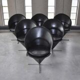 Set of 6 vintage black leather cone chairs by Verner Panton for Gebrüder Nehl