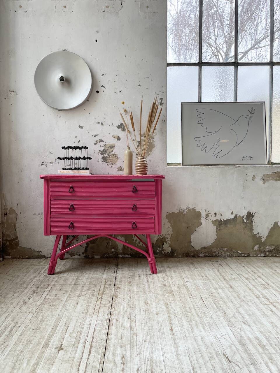 Vintage pink rattan chest of drawers
