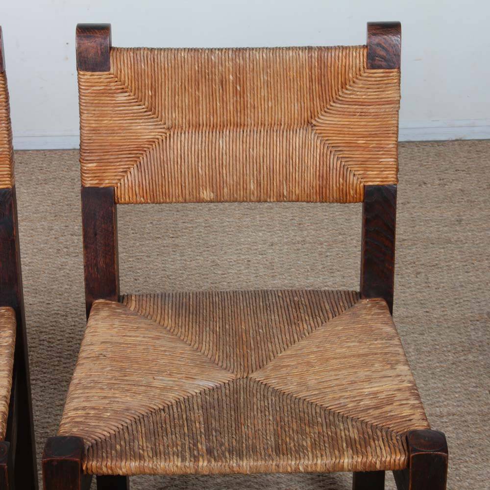 Set of 4 straw-seated solid wood chairs, French craftsmanship, 1940.