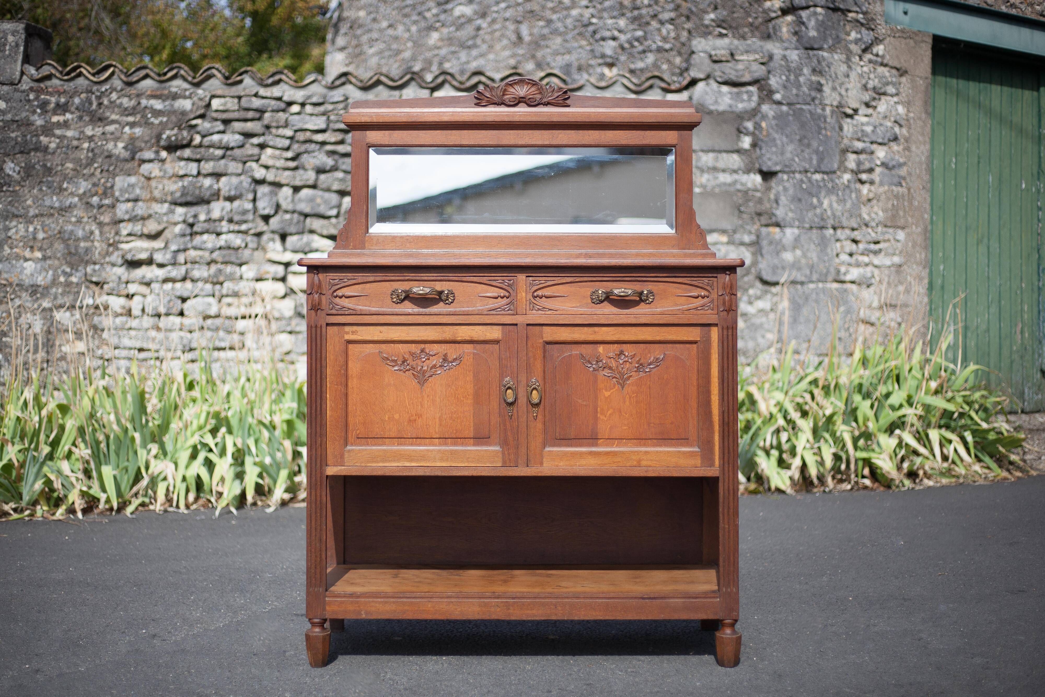 Buffet desserte bois vintage, meuble avec miroir, meuble de rangement