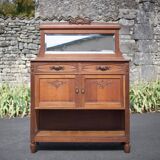 Vintage wooden serving sideboard, furniture with mirror, storage unit