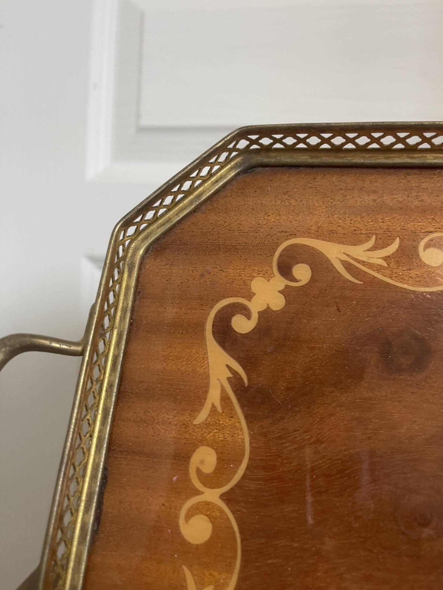 Vintage Italian Sorrento Wood Marquetry Brass Serving Tray 36