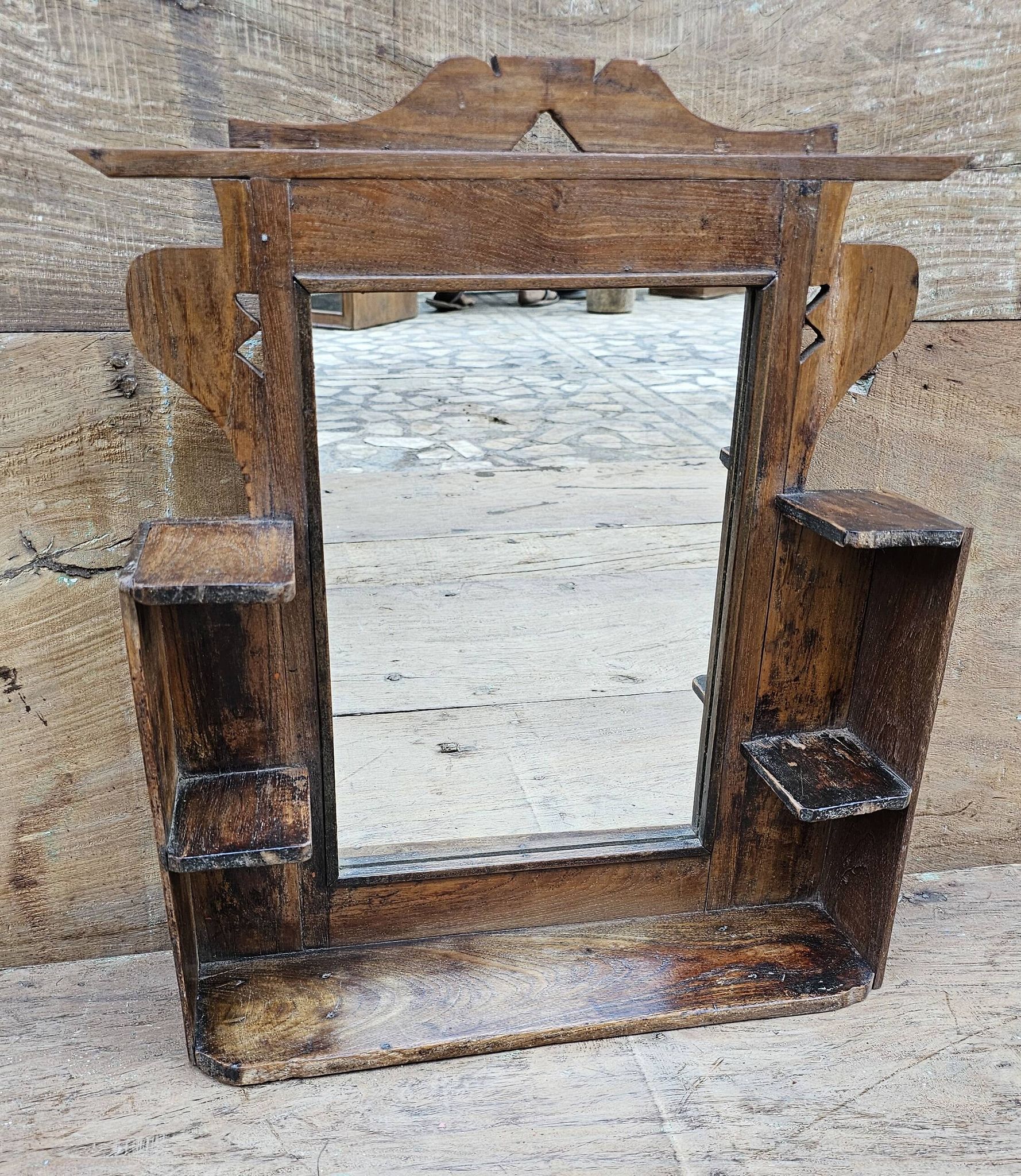 Ancien miroir - étagère Art déco en teck birman