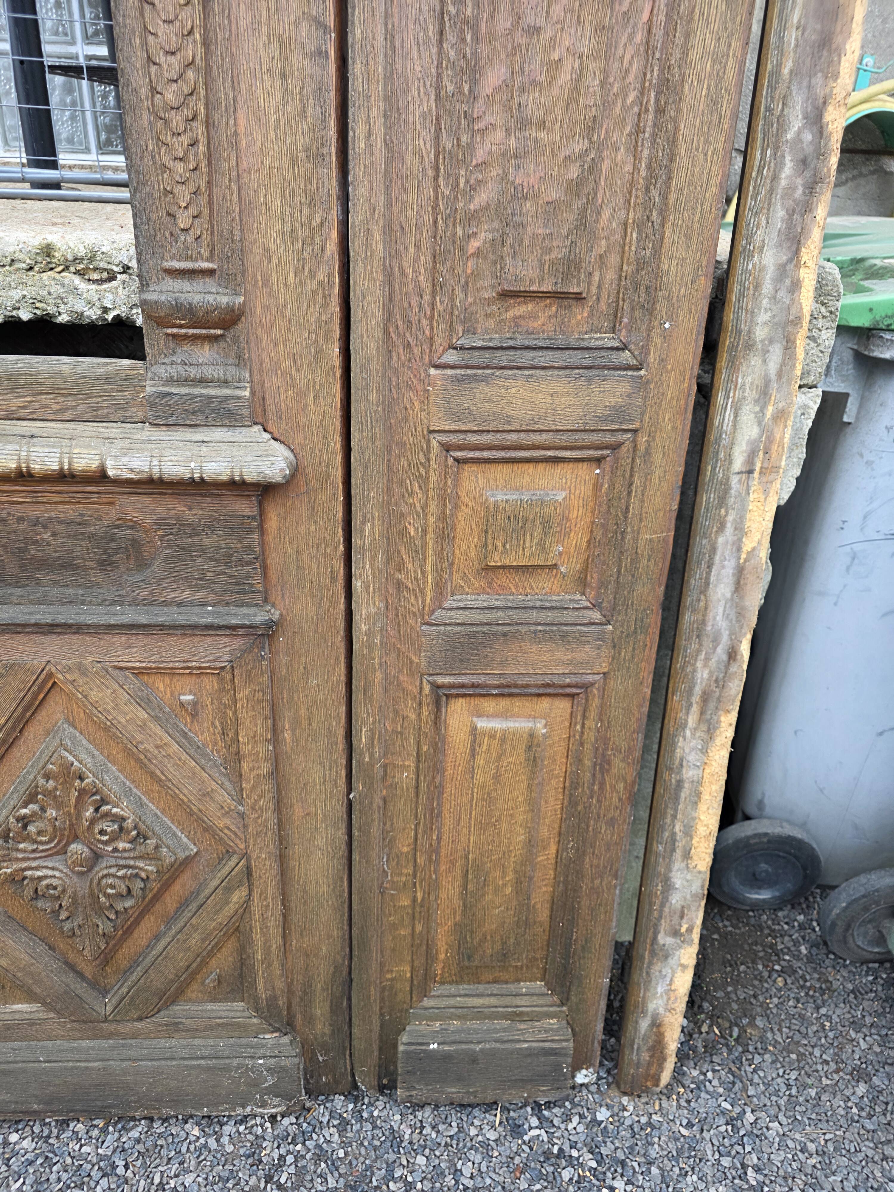 19th-century solid oak entrance door with three openings, including frame.