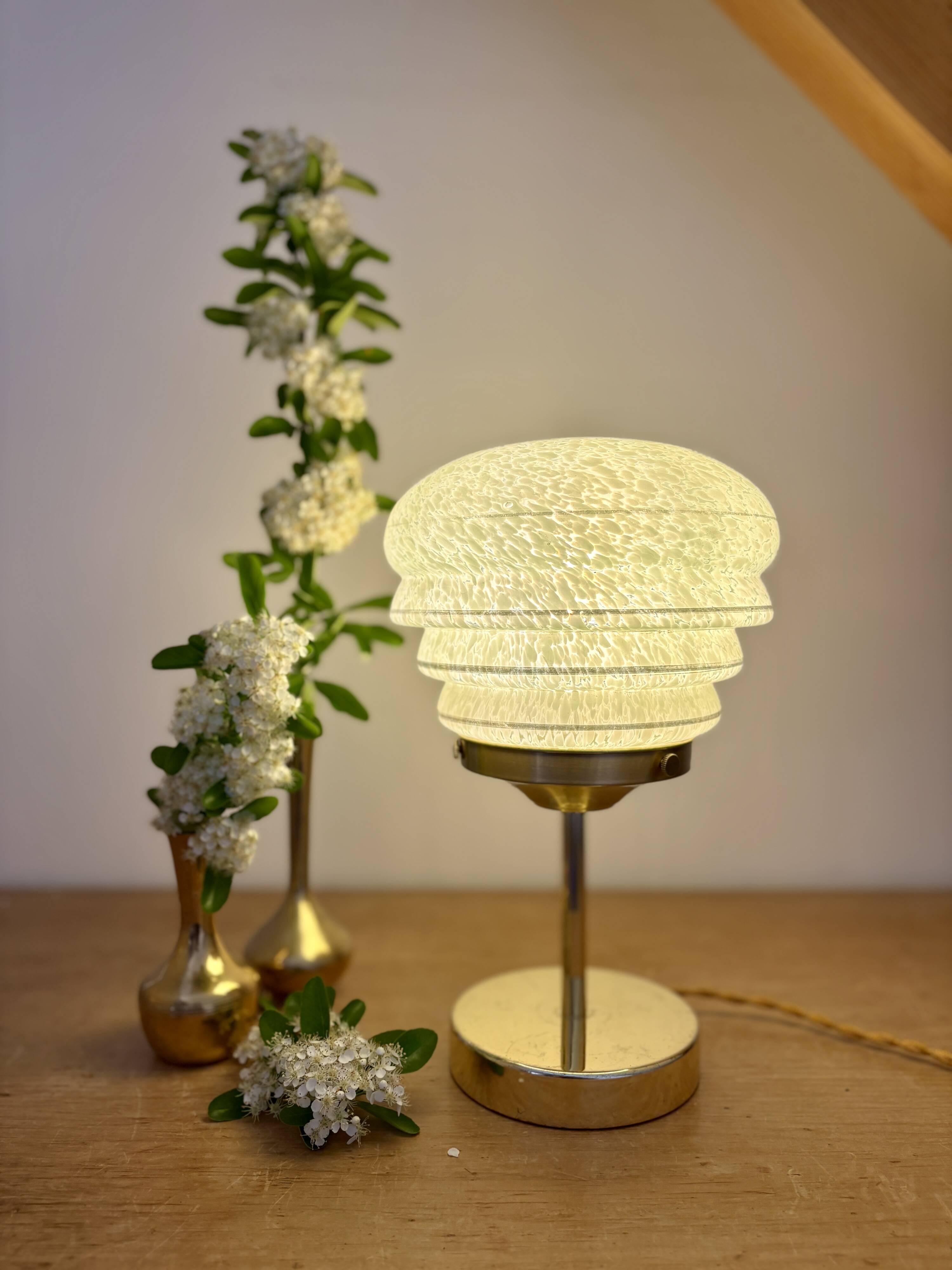 Vintage art deco globe table lamp in green and gold Clichy glass