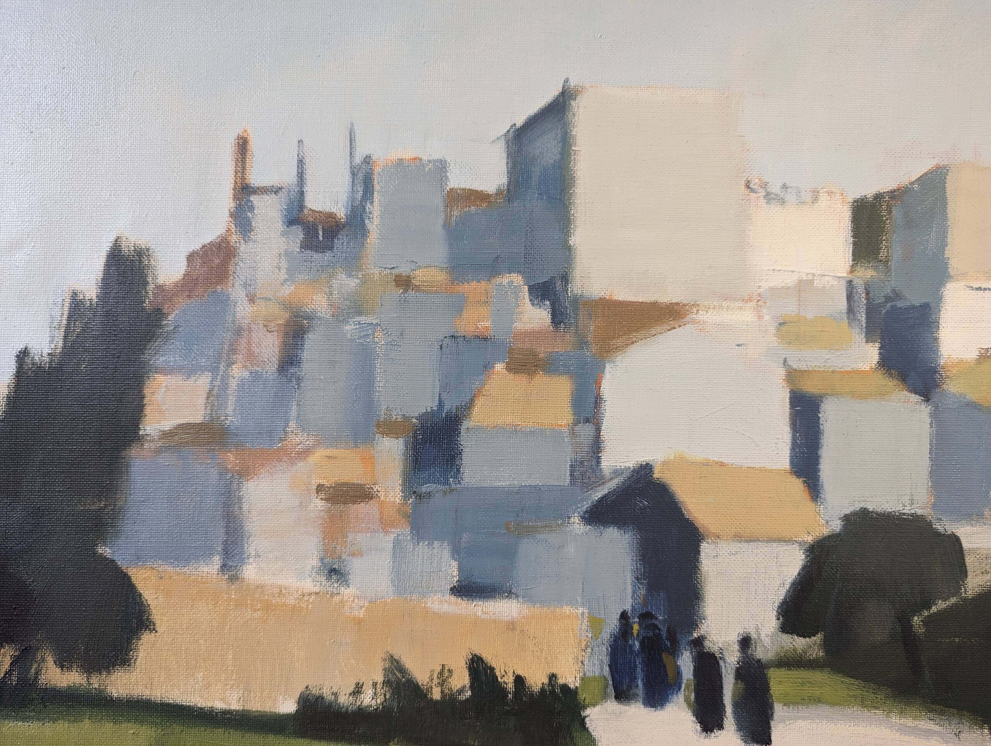 Mid-Century Modern "City Stroll" Vintage Swedish Cityscape Street Scene Oil Painting, Framed