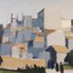 Peinture à l’huile de scène de rue de paysage urbain suédois vintage moderne du milieu du siècle « City Stroll », encadrée