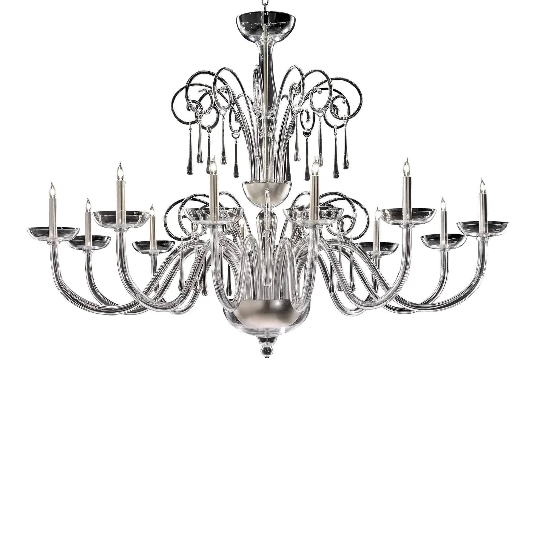 Impressive Venetian “Curls” Chandelier in Clear Murano Glass with Elegant S