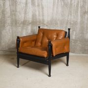 c. 1970 - Pair of lounge chairs in lacquered beech and cognac leather - France