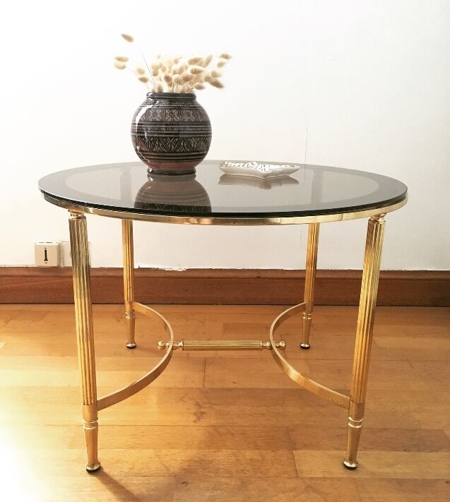 Brass round coffee table and smoked glass