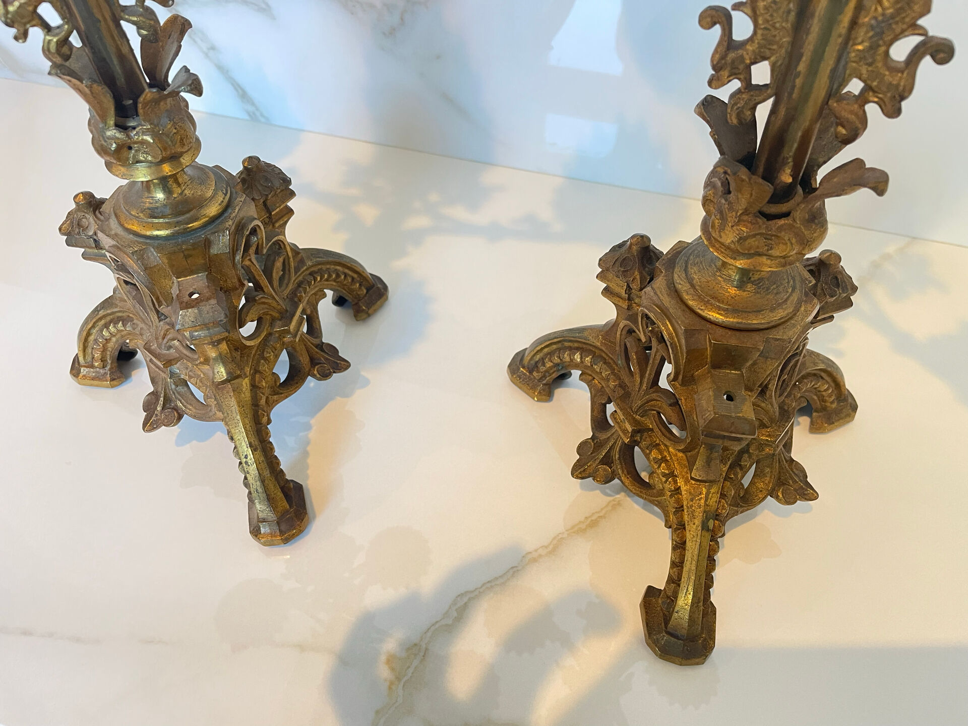Pair of church candelabra - 19th century - in bronze and brass, 5 lights / c