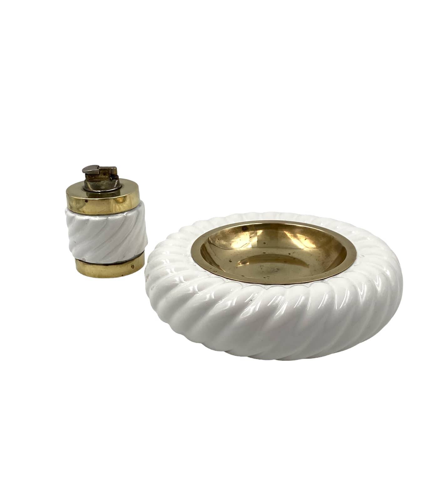 Tommaso Barbi, Smoking set white ashtray and table lighter, B Ceramiche, ca. 1970