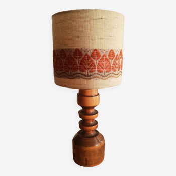 Lampe à poser en bois tourné avec son abat jour années 70 vintage