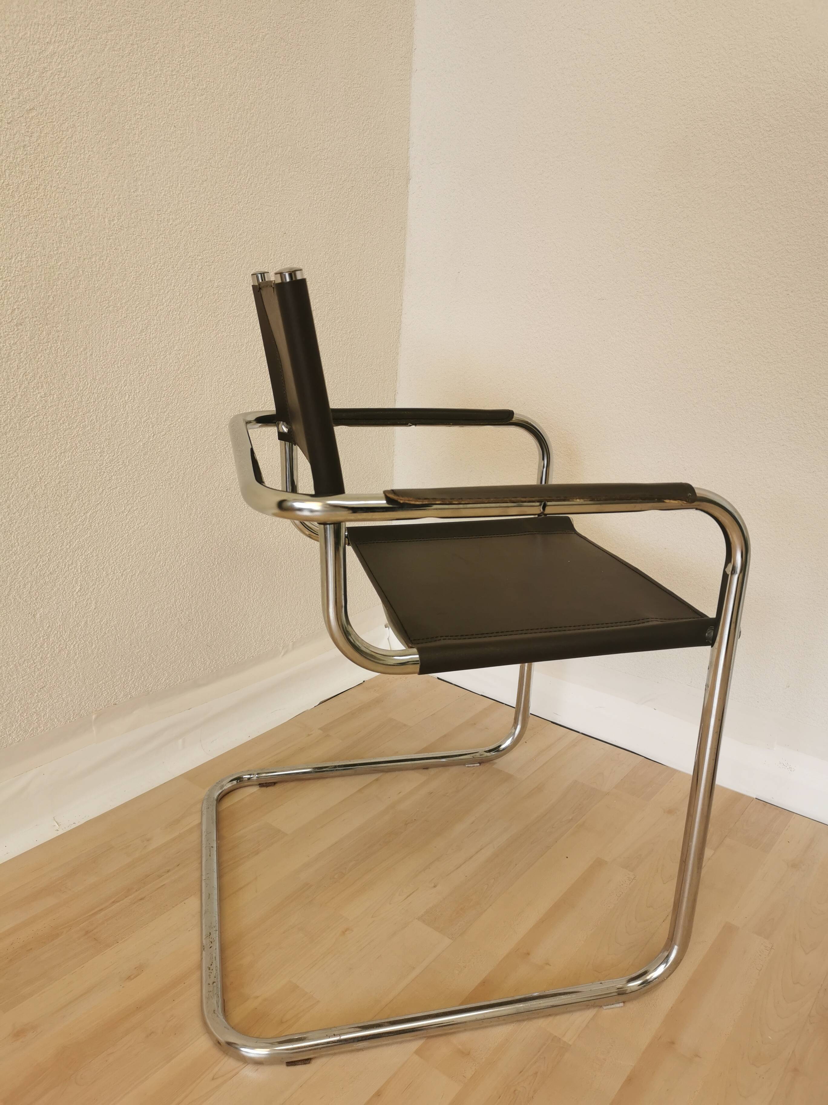 Vintage Mart Stam Style Armchair: Dark Brown Faux Leather Chrome Cantilever