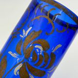 Antique blue glass vase, hand-painted bronze floral decoration / Art Nouveau