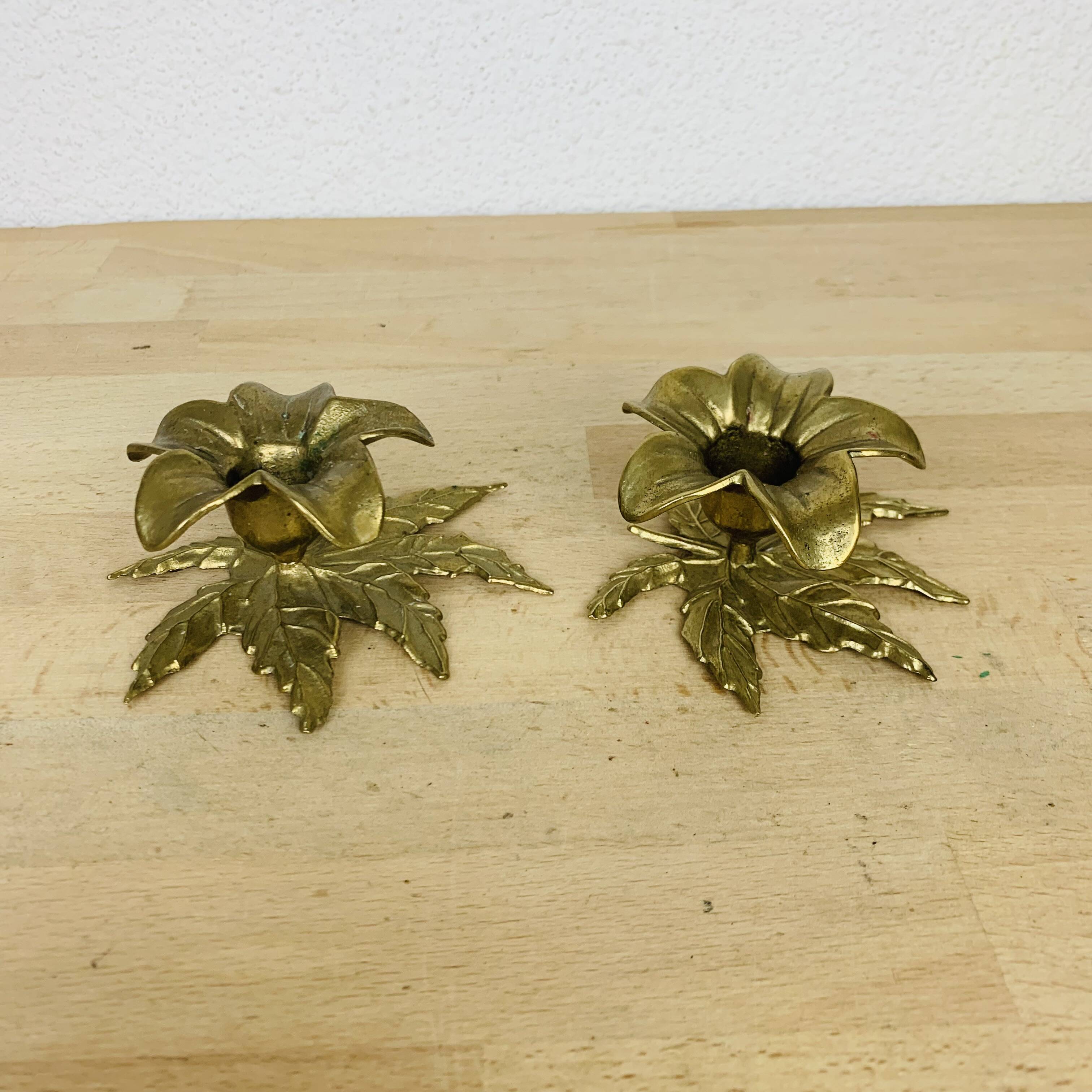 Pair of gilded brass flower candlesticks